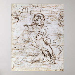 Raphael - Läser madonna och barn i en landskapspla Poster