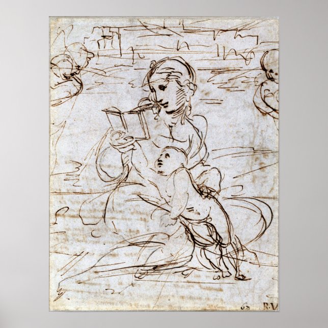 Raphael - Läser madonna och barn i en landskapspla Poster (Framsidan)