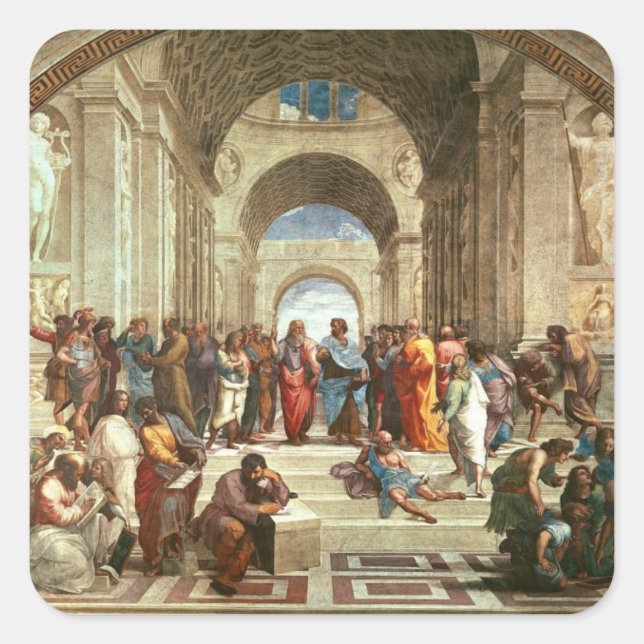 Raphael - School of Athens Fyrkantigt Klistermärke (Framsida)