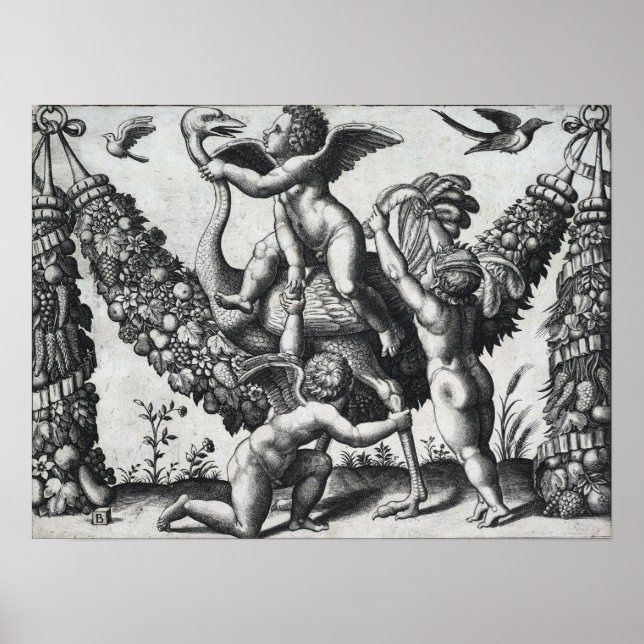 Raphael - Tre änglar framför en stor girlang Poster (Framsidan)