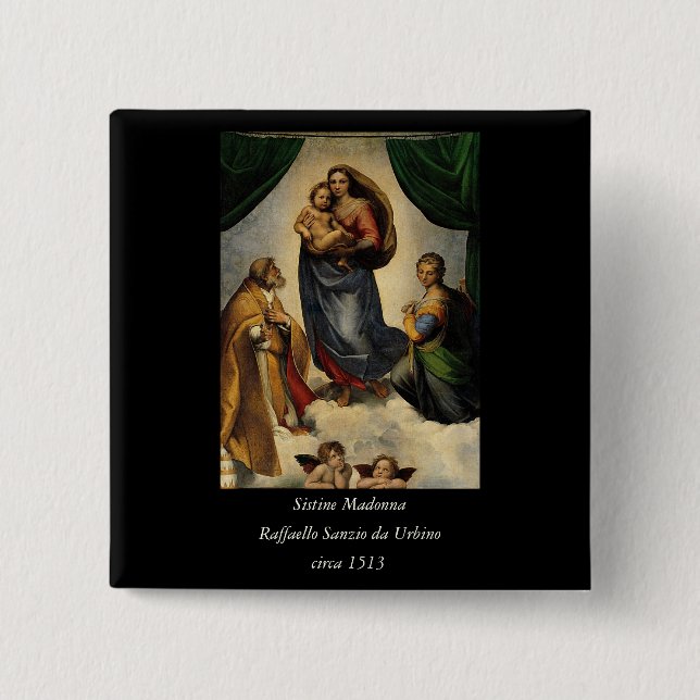 Raphaels klassiska "Sistine Madonna" (circa 1513) Knapp (Framsida)