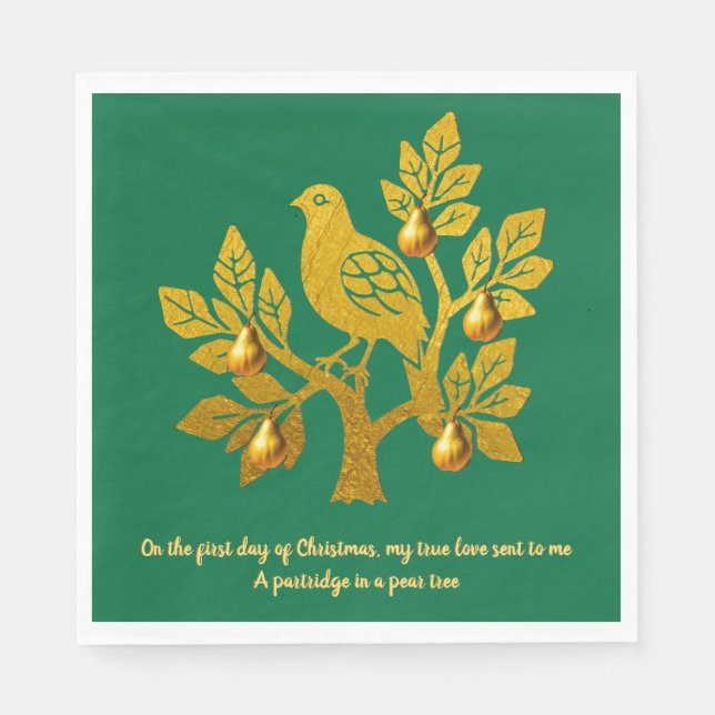 Räppelhöns I Päronträd Grönt Guld Jul Pappersservett (Framsidan)
