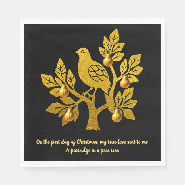 Rapphöna I Päronträd Svart Guld Jul Pappersservett (Framsidan)