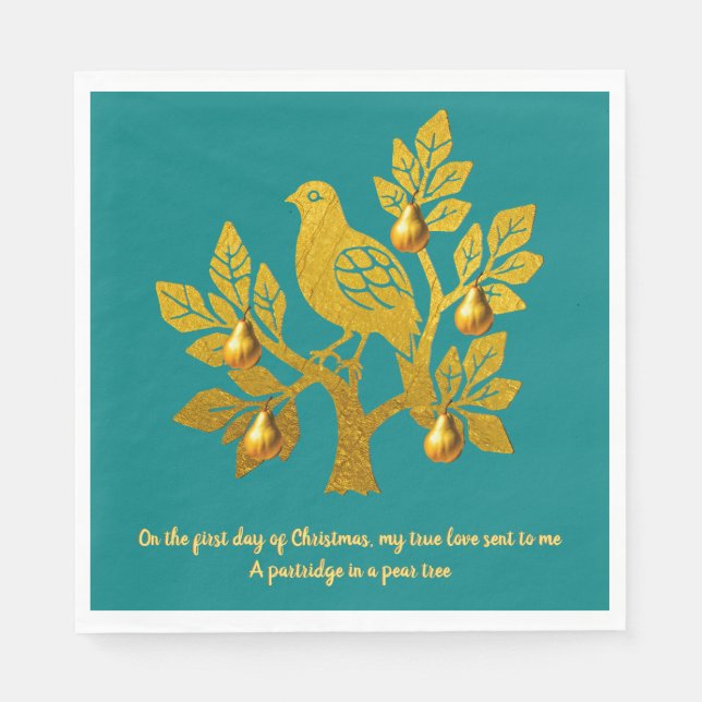 Rapphöna I Päronträd Teal Guld Jul Pappersservett (Framsidan)