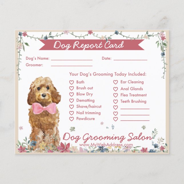 Rapportkort för Blommigt Cockapoo Hund Grooming Flygblad (Framsidan)