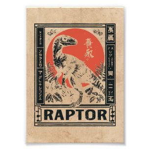 Raptor Dinosaur Japandi Art Wabi Sabi Red Sol Fototryck