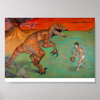 "Raptor vs Sax"-saxofonspelare med dinosaur Poster