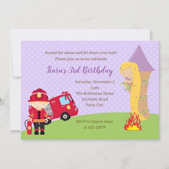 Rapunzel & Firefighter Birthday-inbjudan Inbjudningar (Framsida)