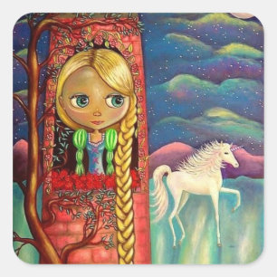 Rapunzel i Rosa Torn med Unicorn Friend Fyrkantigt Klistermärke