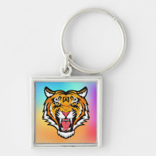 Raring Tiger Head-25818 Fyrkantig Silverfärgad Nyckelring