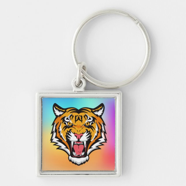 Raring Tiger Head-25818 Fyrkantig Silverfärgad Nyckelring (Framsidan)