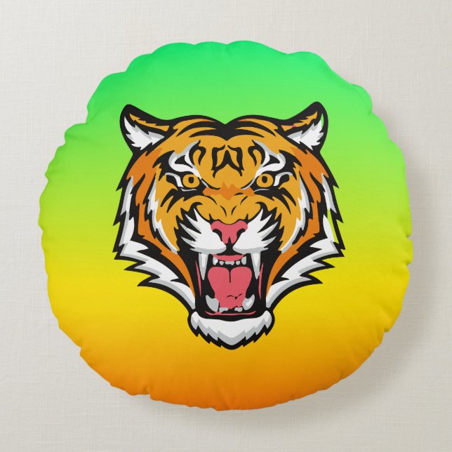 Raring Tiger Head-25818 Rund Kudde (Framsidan)