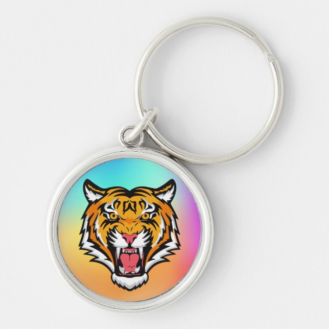 Raring Tiger Head-25818 Rund Silverfärgad Nyckelring (Framsidan)