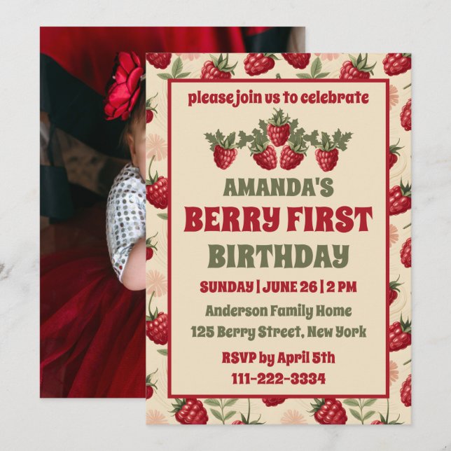 Raspberry 1:a födelsedag Party Berry 1:a foto Inbjudningar (Fram/baksida)
