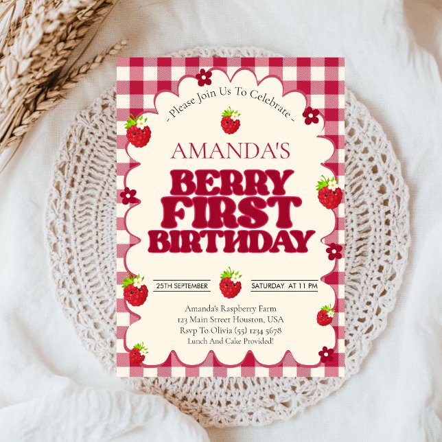 Raspberry Berry Första 1:a Födelsedagsfest  Inbjudningar (Skapare uppladdad)