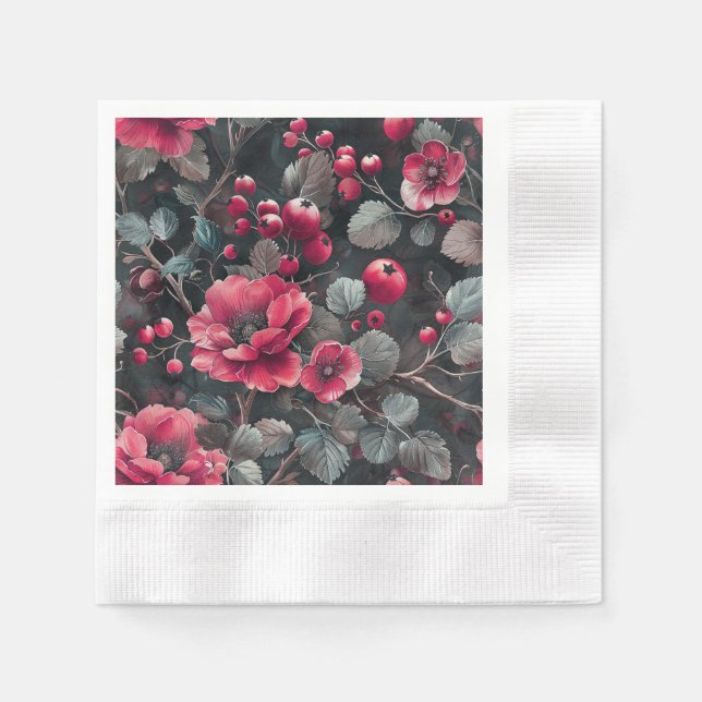 Raspberry, burgundy flowers on dark gray pappersservett (Framsidan)