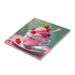 Raspberry Ice Cream i Rosa Coffee Kopp Kakelplatta<br><div class="desc">En söt illustration av en fullt av rosa glass i kopp täckt av hallon.</div>