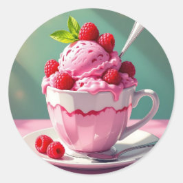 Raspberry Ice Cream i Rosa Coffee Kopp Runt Klistermärke