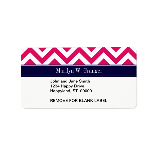 Raspberry Lg Chevron Navy Blue Namn Monogram Adressetikett (Framsidan)