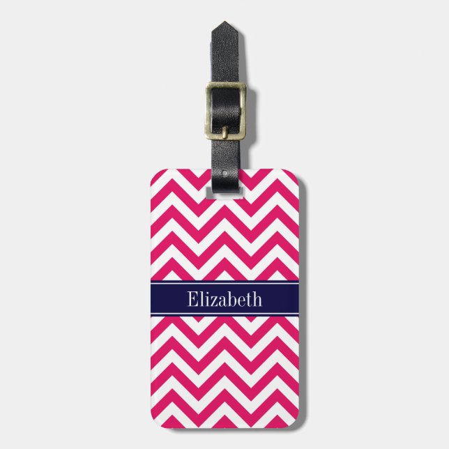 Raspberry Lg Chevron Navy Blue Namn Monogram Bagagebricka (Vertikal Framsida)