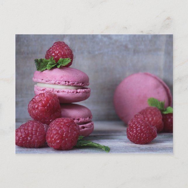 Raspberry Macarons Rosa Fransk Pastry Postcard Vykort (Framsida)