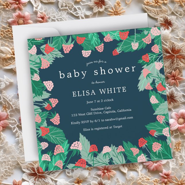 Raspberry Patch Cute Colorful ANPASSNINGSBAR BABY  Inbjudningar (Raspberry Patch Cute Colorful CUSTOM BABY SHOWER Square Invitation)