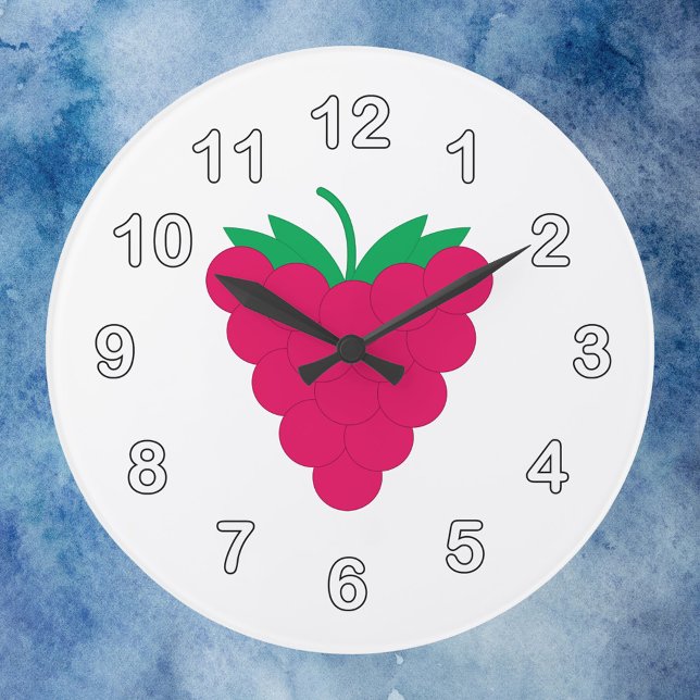 Raspberry Pink Berry Fruit with Numbers Stor Klocka (A clock with a graphic of a pink raspberry and white numbers with a black outline.)