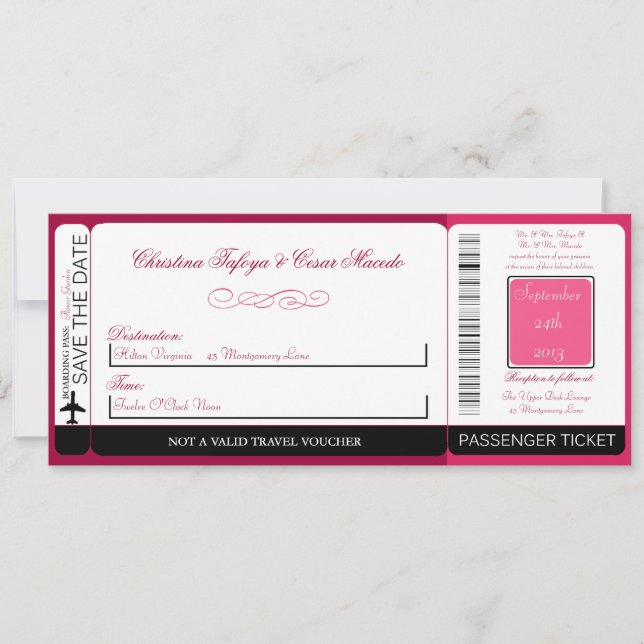 Raspberry Rosa Lo Boarding Pass Wedding bjudande Inbjudningar (Framsida)