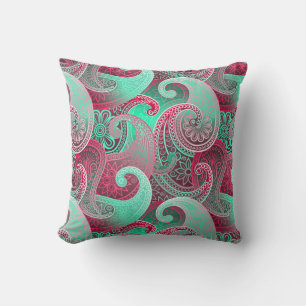 Raspberry Rosa och Aqu Paisley Boho Damask Pattern Kudde