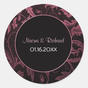 Raspberry Rosa och svart Damask WedSeal Runt Klistermärke