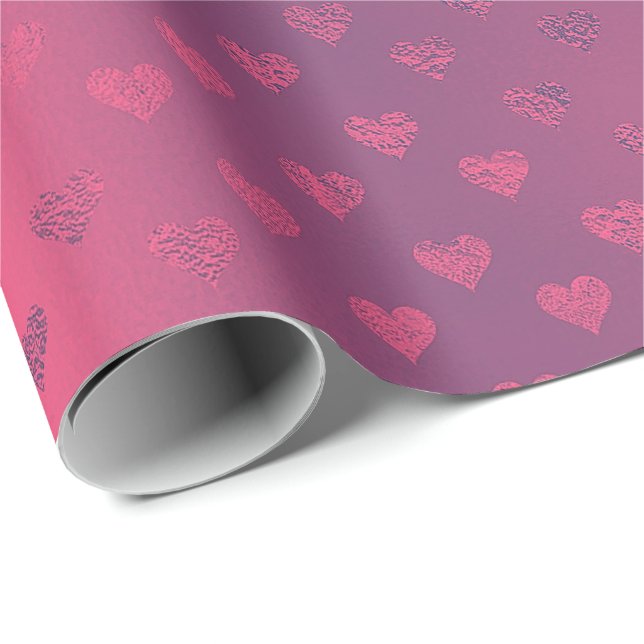 Raspberry Rosa Red Metallic Hearts Möhippa Presentpapper (Rullad Hörn)