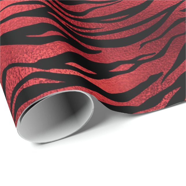 Raspberry Ruby Black Tiger Animal Red Metallic Presentpapper (Rullad Hörn)