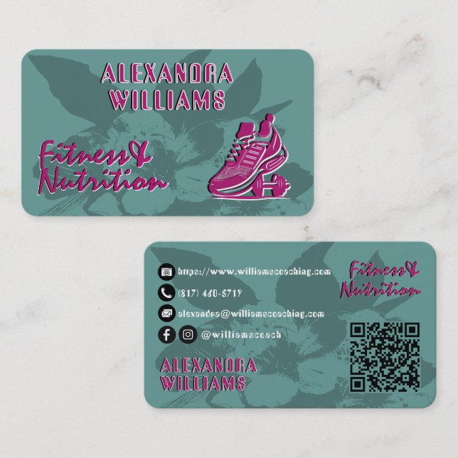 Raspberry Teal Flourated Fitness & Nutrition Visitkort (Fram/baksida)