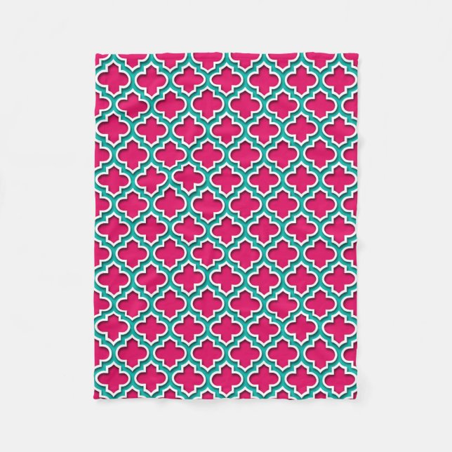 Raspberry Teal White Moroccan Quatrefoil #5DS Fleecefilt (Framsidan)