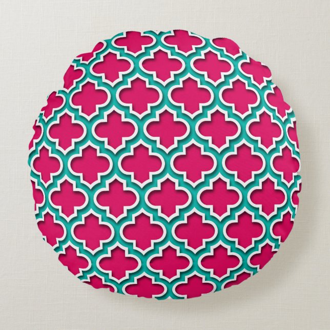 Raspberry Teal White Moroccan Quatrefoil #5DS Rund Kudde (Framsidan)