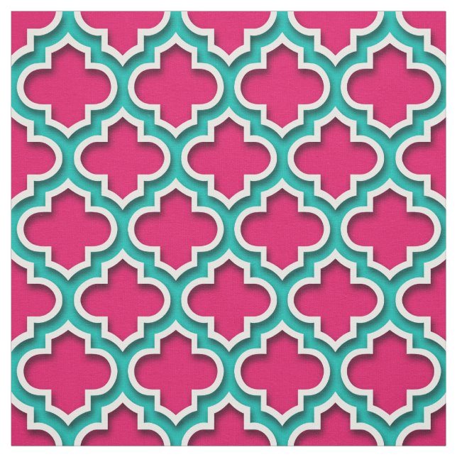 Raspberry Teal White Moroccan Quatrefoil #5DS Tyg (Provkarta)