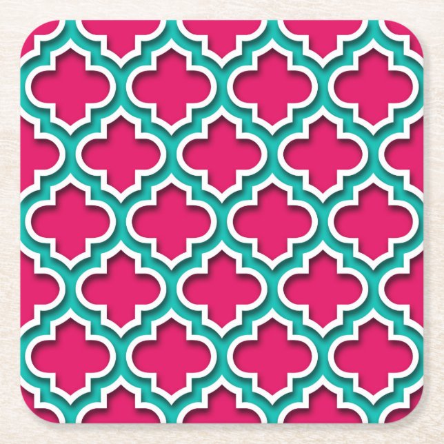 Raspberry Teal White Moroccan Quatrefoil #5DS Underlägg Papper Kvadrat (Framsidan)
