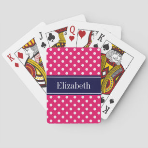 Raspberry White Polka dots Navy Blue Namn Monogram Casinokort