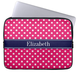Raspberry White Polka dots Navy Blue Namn Monogram Laptop Fodral