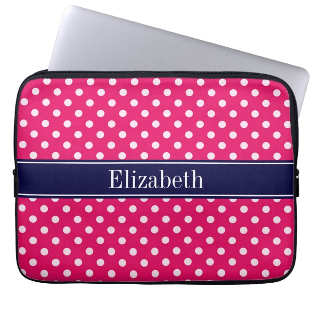 Raspberry White Polka dots Navy Blue Namn Monogram Laptop Fodral (Framsidan)