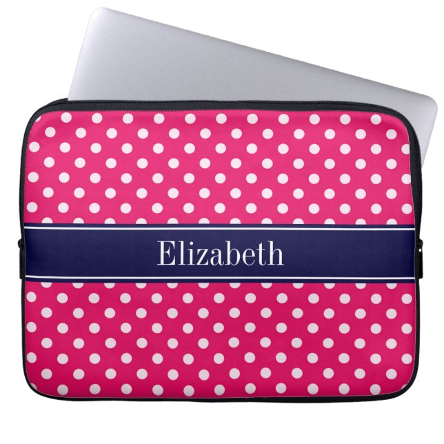 Raspberry White Polka dots Navy Blue Namn Monogram Laptop Sleeve (Framsidan)