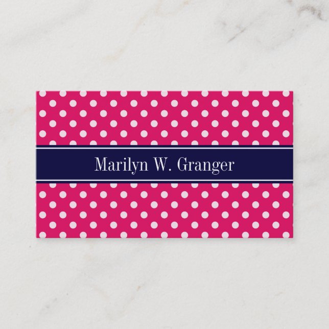 Raspberry White Polka dots Navy Blue Namn Monogram Visitkort (Framsida)