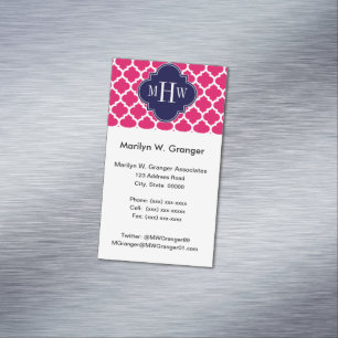 Raspberry Wht Moroccan #5 Navy 3 Initial Monogram Magnetiska Visitkort