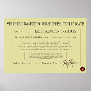 RASPUTIN WORSHIPPER CERTIFIICATE POSTER