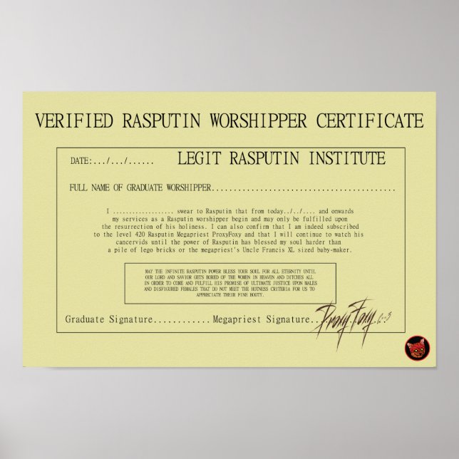 RASPUTIN WORSHIPPER CERTIFIICATE POSTER (Framsidan)