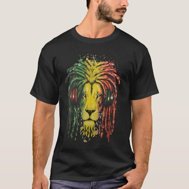 Rasta Dreadlock Lejon med hörlurar T Shirt (Framsida)