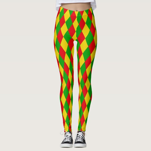 Rasta Flagga Färgad Harlequin Diamonds Mönster Leggings (Framsida)