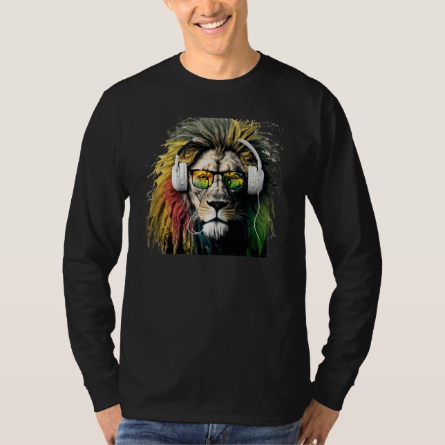Rasta Lion Rastafari Reggae & Jamaica Vibes Headph T Shirt (Framsida)