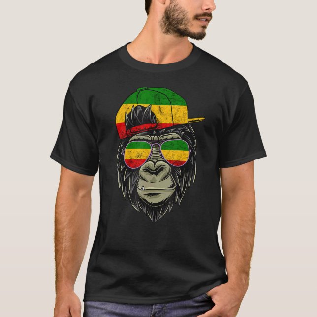 Rasta Reggae Monkey Gorilla Hippie Rastafari Root T Shirt (Framsida)