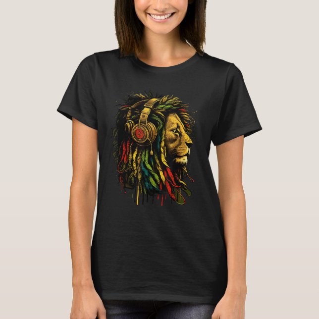 Rasta Reggae Music Headphone Jamaican Pride Lejon T Shirt (Framsida)